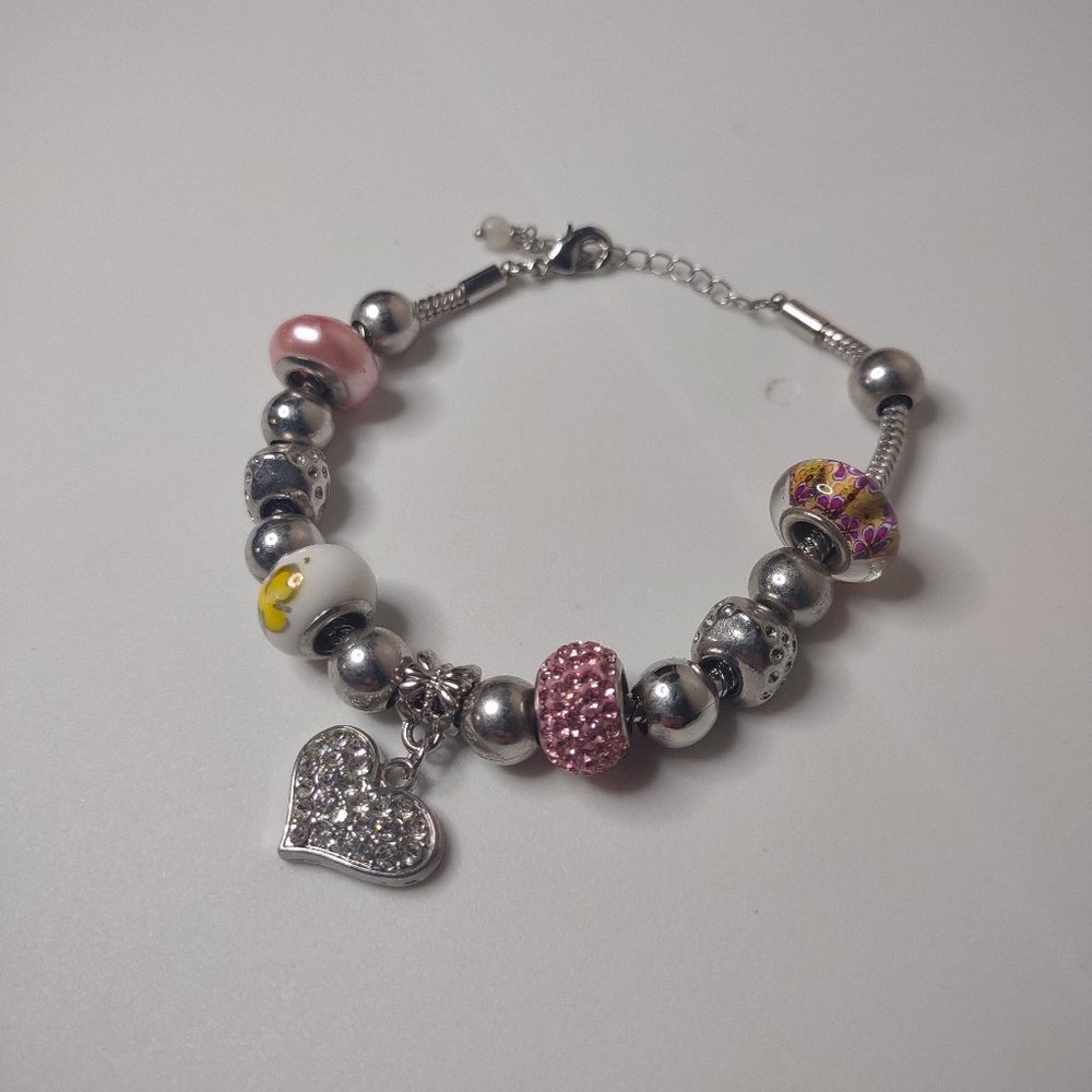 Cute Heart Charm And Bead Heavy Bracelet Or Anklet Adjustable 8 To 9.5 Inches